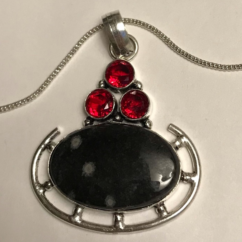 Snowflake Obsidian Garnet 925 Sterling Silver Necklace